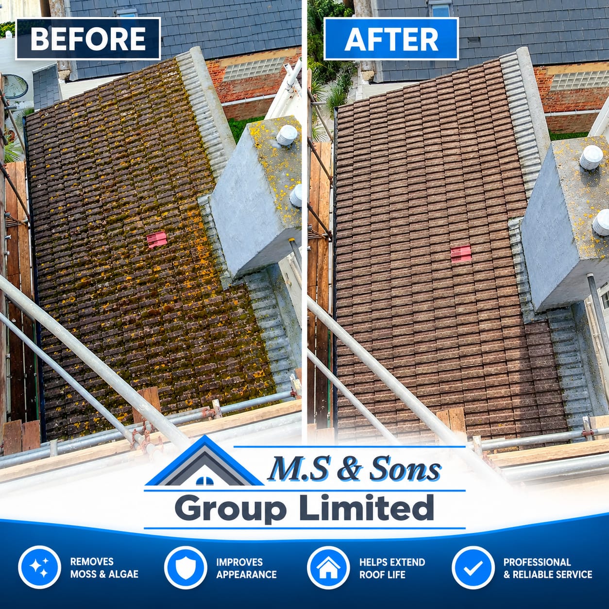 Before and after roof cleaning by M.S & Sons Group